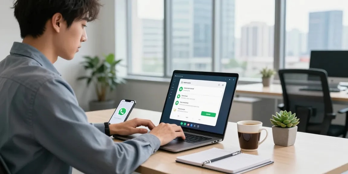 Professional using WhatsApp網頁版 on a laptop in a dynamic office setting, highlighting technology integration.