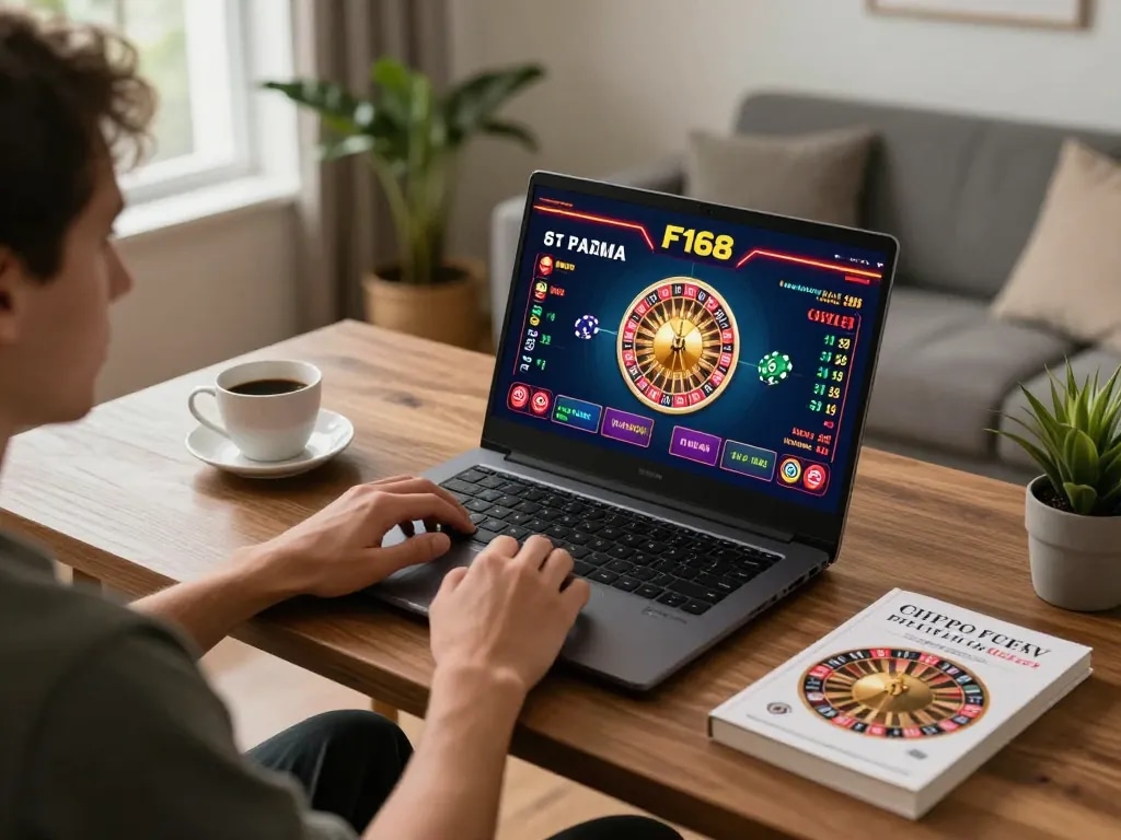 Engaging with F168 online casino games on laptop, showcasing vibrant gameplay and strategic setup.
