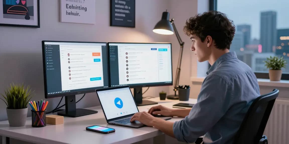 Using the Telegram web version on a laptop in a modern workspace.