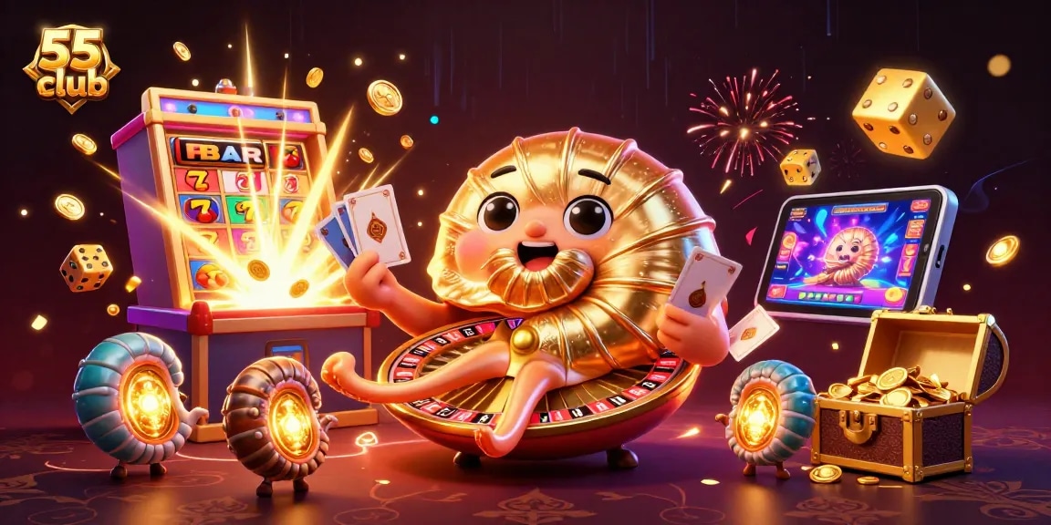 Engage in thrilling games at 55 club with vibrant casino elements in a dazzling 3D scene.