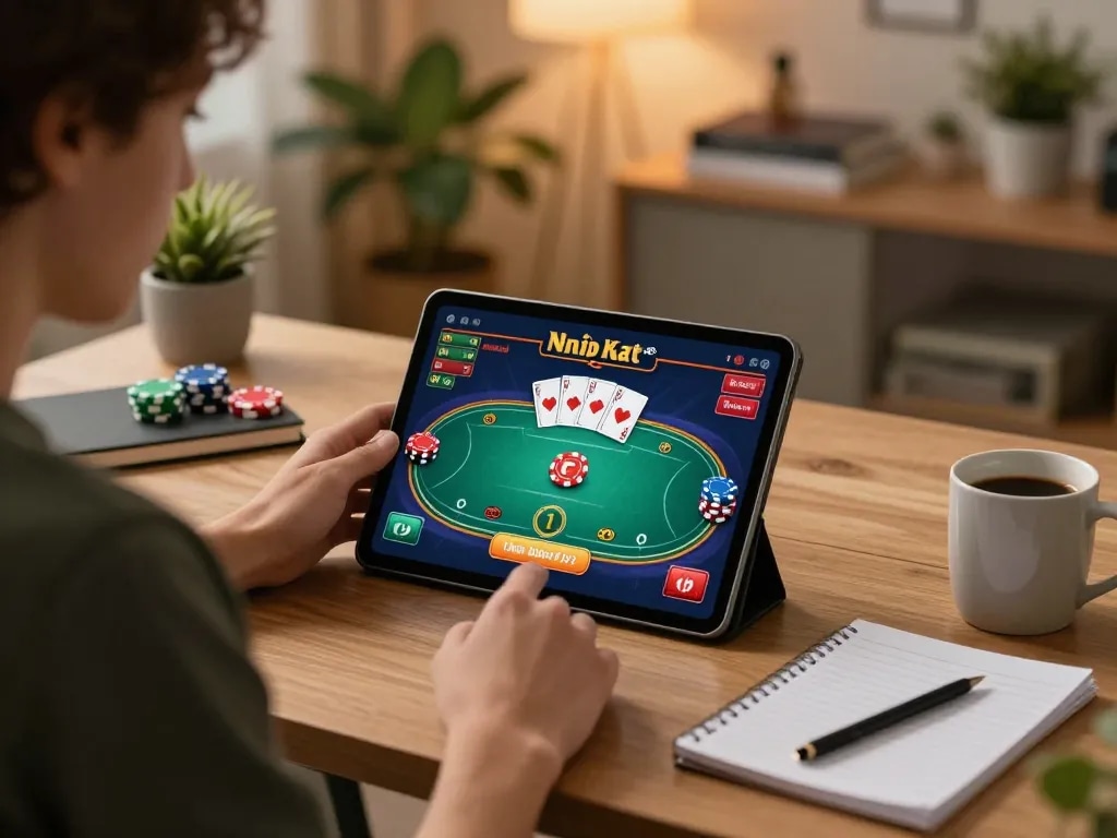 Engaged player strategizing in topgamebai online poker game, showcasing dynamic gameplay and home comfort