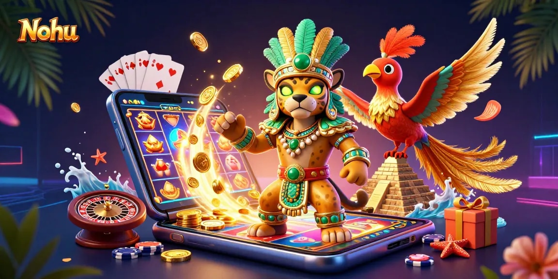 Nohu enhances gambling experiences with vivid casino-themed dynamic illustration featuring slots and cards.