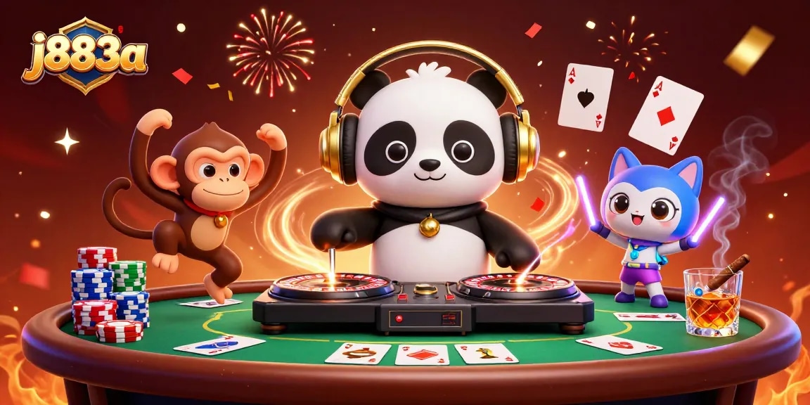 Join the vibrant party at j883a, featuring a DJ panda and poker excitement in a lively casino atmosphere.