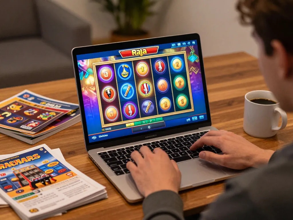 Engaging raja slot gameplay on a laptop screen, showcasing vibrant reels in a cozy environment.