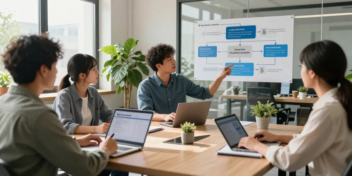 Team discussing cyber essentials checklist for cybersecurity compliance in a modern office.