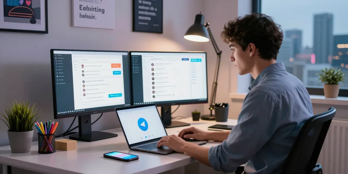 Using the Telegram web version on a laptop in a modern workspace.