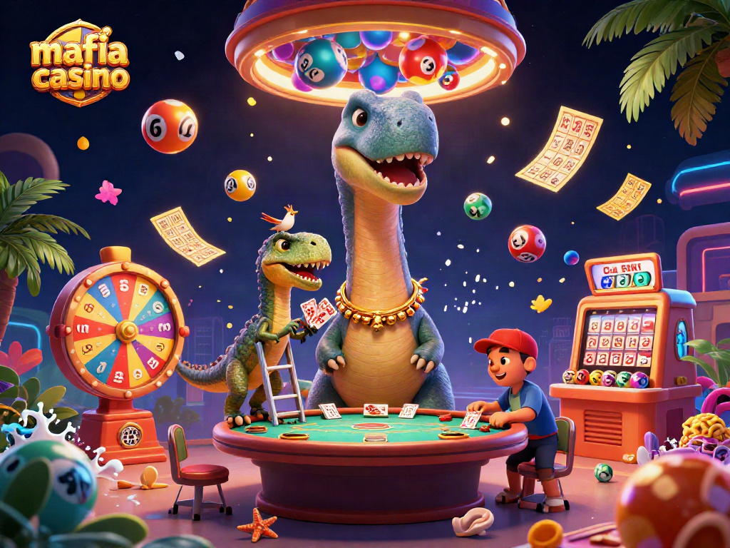 Mafia Casino showcases a fun character scene with a dinosaur and raptor in a vibrant casino atmosphere.