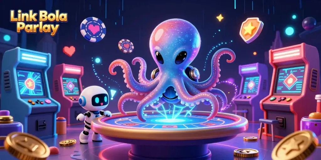 Engage with Link Bola Parlay at our vibrant casino scene featuring a playful octopus and arcade elements.
