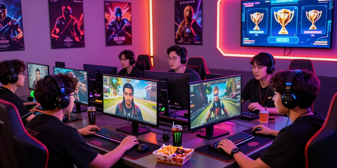 Gamers engaging in SC88 online multiplayer gameplay with vibrant setups and trophies.