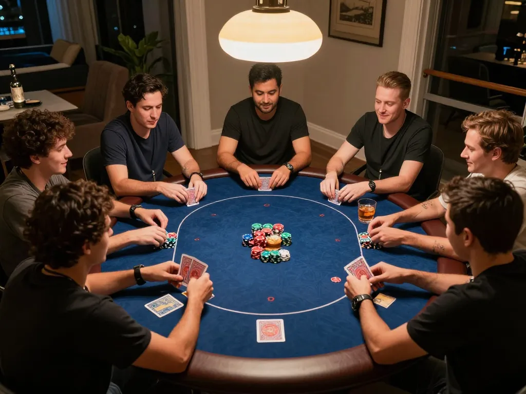 Exciting poker night scene showcasing players engaged at home, illustrating responsible gambling insights amidst 88aa lừa đảo concerns