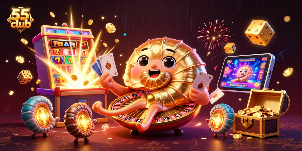 Engage in thrilling games at 55 club with vibrant casino elements in a dazzling 3D scene.