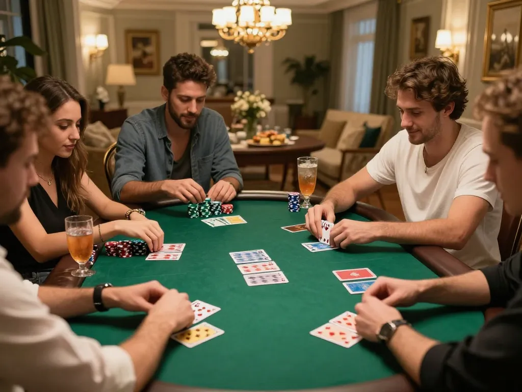 Players enjoy an intense poker game at home showcasing 8kbet strategic gameplay atmosphere