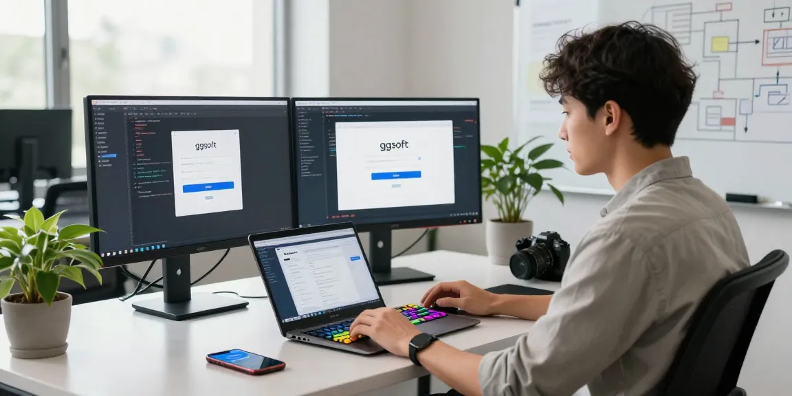 ggsoft login interface seen in a vibrant software development workspace with dual monitors and collaborative elements