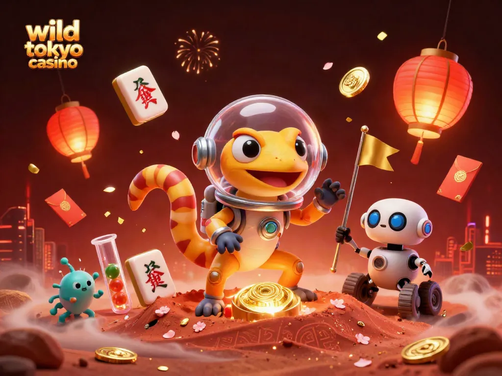 Engage with wild tokyo casino's vibrant 3D scene, showcasing a Martian gecko and lush animated elements.