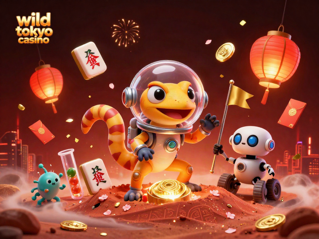 Engage with wild tokyo casino's vibrant 3D scene, showcasing a Martian gecko and lush animated elements.