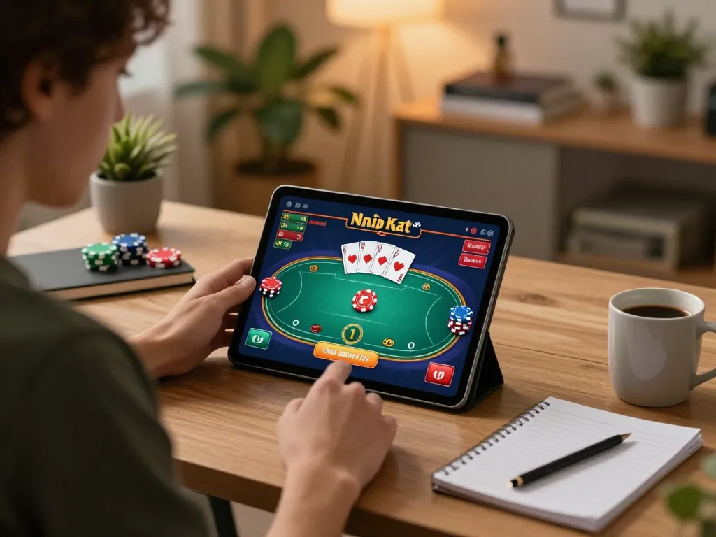 Engaged player strategizing in topgamebai online poker game, showcasing dynamic gameplay and home comfort
