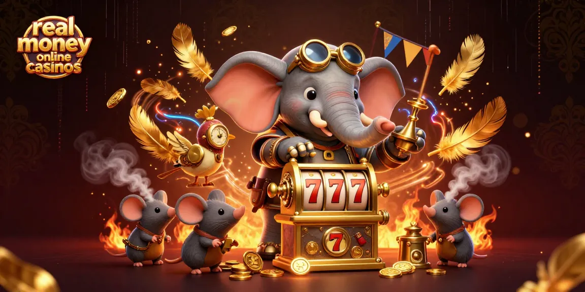 Engaging scene of real money online casinos featuring steampunk characters at a golden slot machine with vibrant elements.