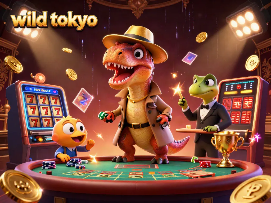 Experience wild tokyo in a vibrant 3D scene with cartoon characters gaming at a blackjack table.