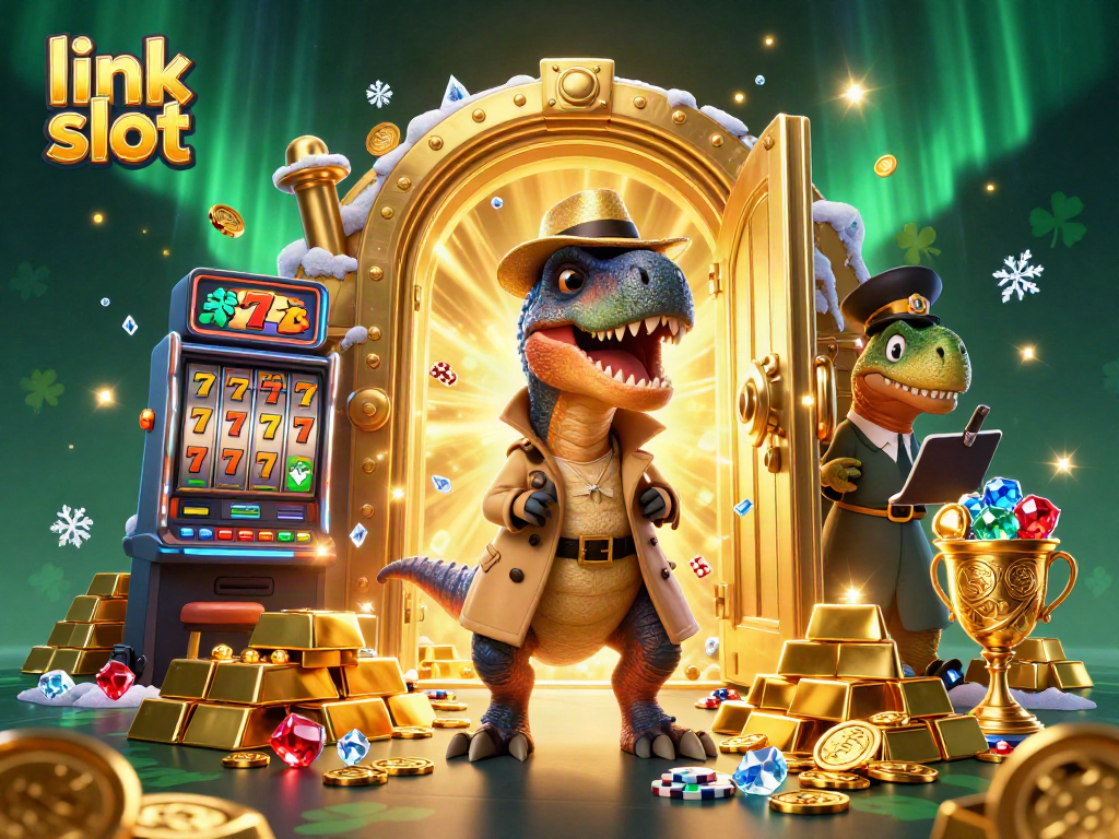 Experience thrilling moments with link slot at this cartoon casino scene featuring animated dinosaur characters.