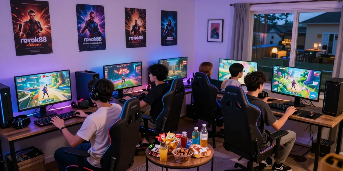 Exciting gaming scene with friends enjoying rokok88 alternatif and high-tech equipment.