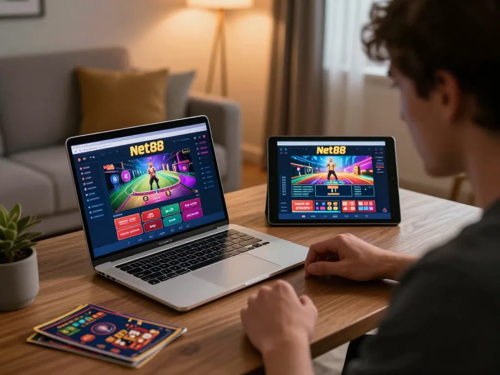 Engaging in net88 online casino gameplay from a cozy home setup, showcasing gameplay and strategy.