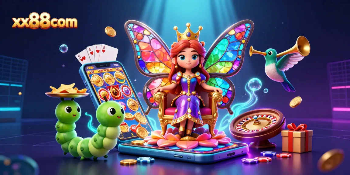 Experience the enchanting xx88com gaming world with a butterfly queen and vibrant slot games.