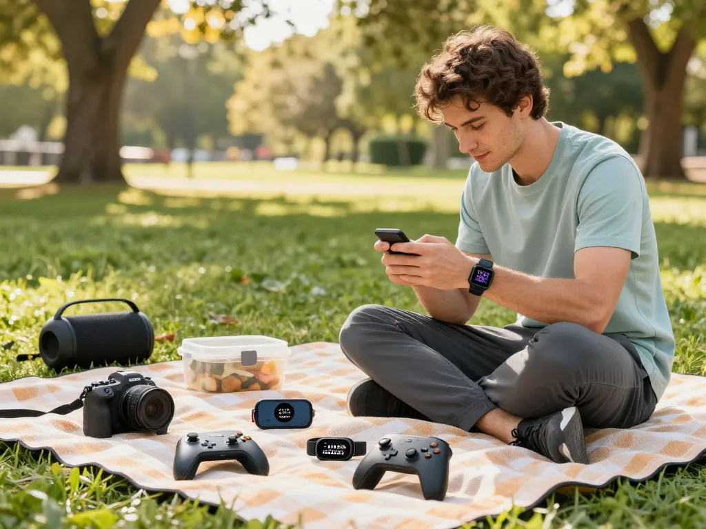 Testing best tech gadgets for men outdoors, featuring gaming controllers, smartwatches, and fitness trackers in a park.