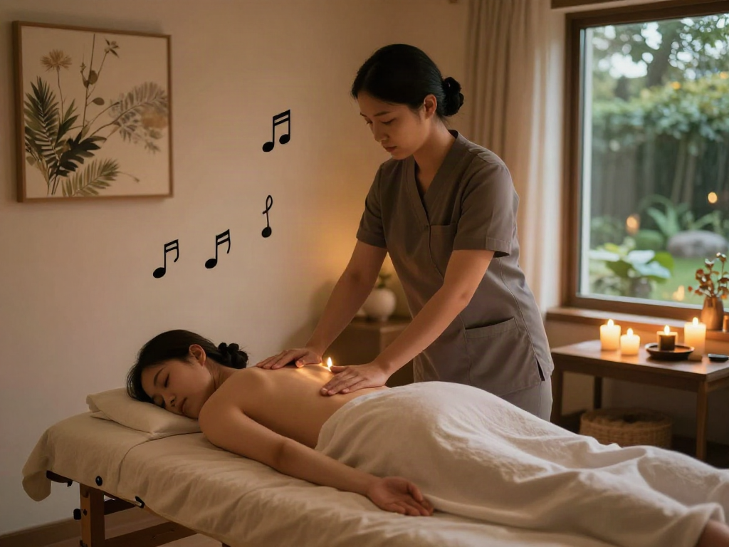 Relaxing 향남출장마사지 scene in a tranquil therapy room with warm lighting and soothing ambiance.