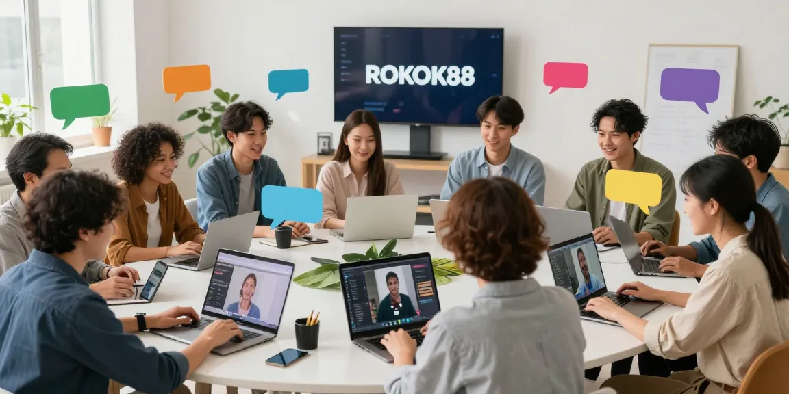 Engaging moment of rokok88 slot community members discussing in a lively online setting with digital interactions.