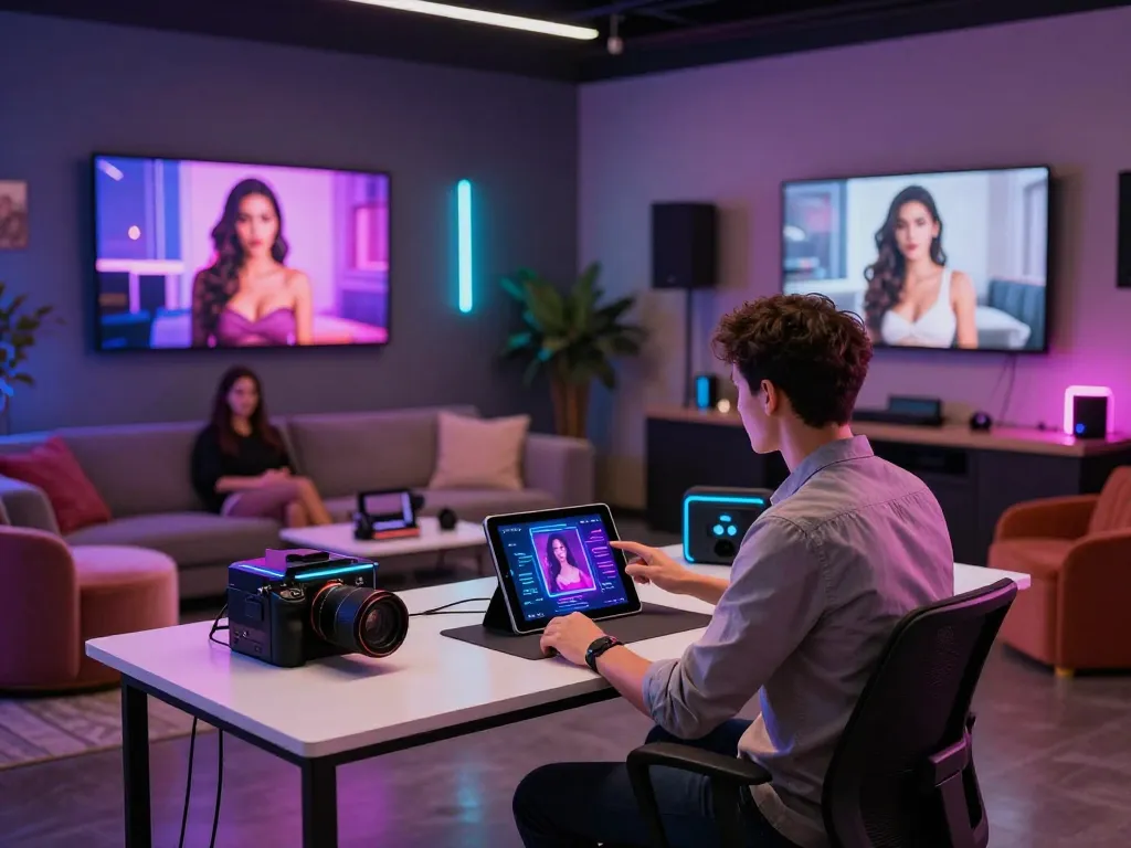 Dynamic workspace showcasing innovative ai sex technology with a professional engaging with interactive digital devices in a vibrant studio setting.