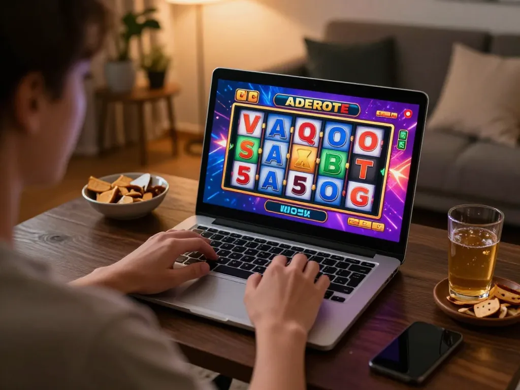 Pemain terbenam dalam permainan raja slot online di rumah dengan visual yang berwarna-warni dan suasana yang nyaman.
