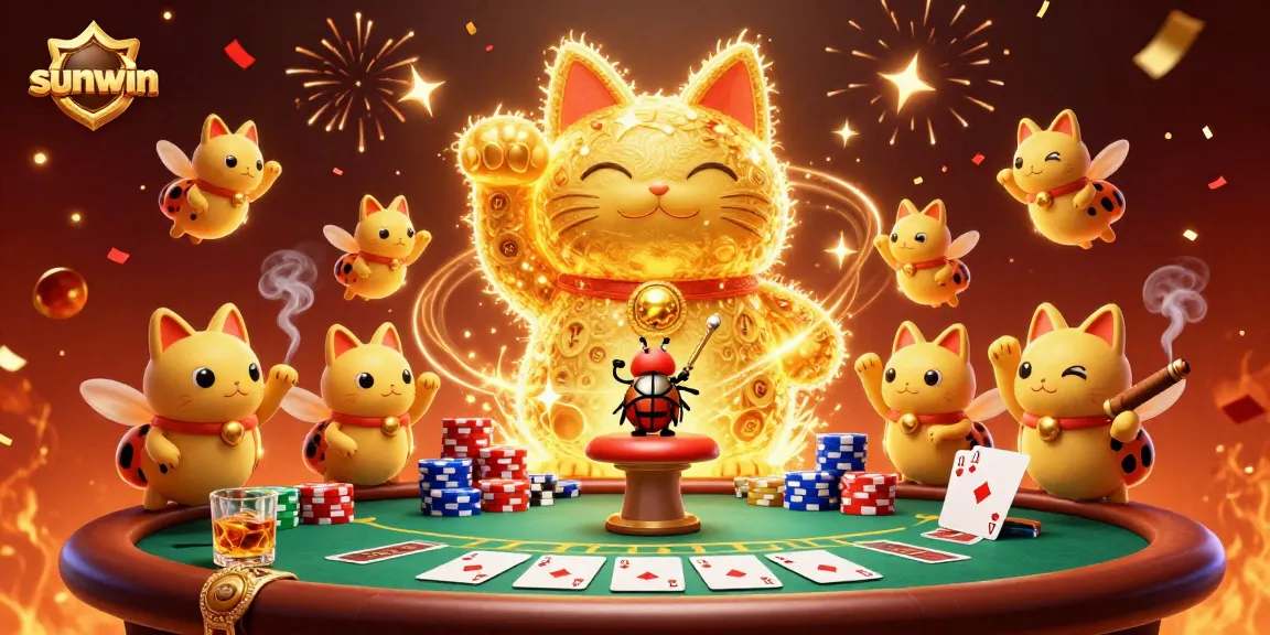 Experience the thrill of sunwin gaming with a vibrant scene showcasing a lucky cat and casino elements.