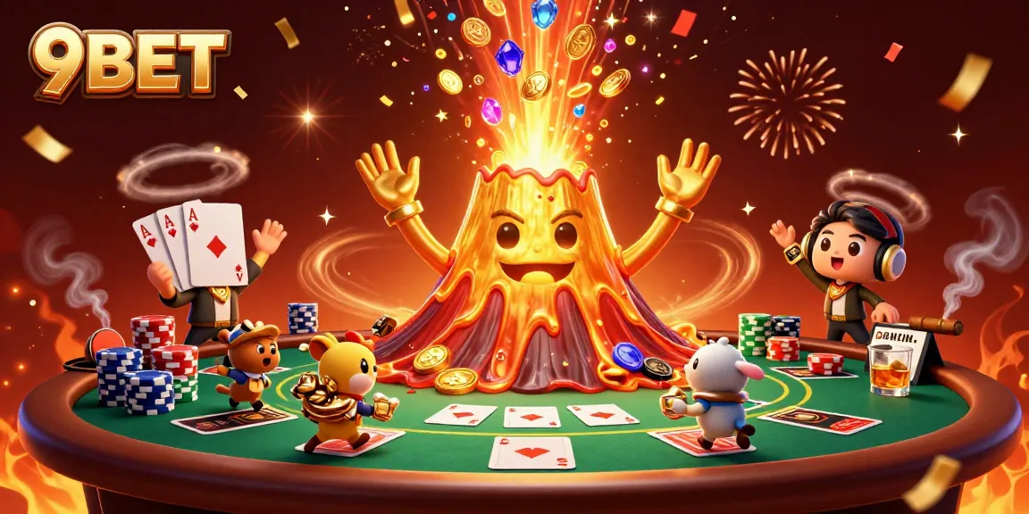 Engaging illustration of 9BET showcasing a triumphant volcano and explorer animals amid poker riches.