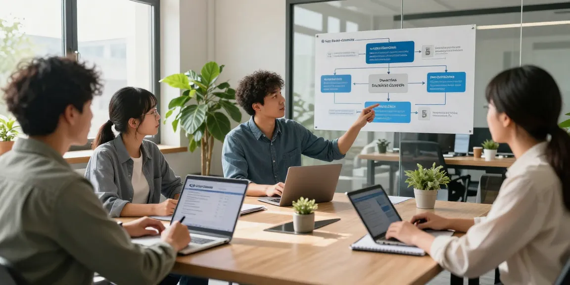 Team discussing cyber essentials checklist for cybersecurity compliance in a modern office.