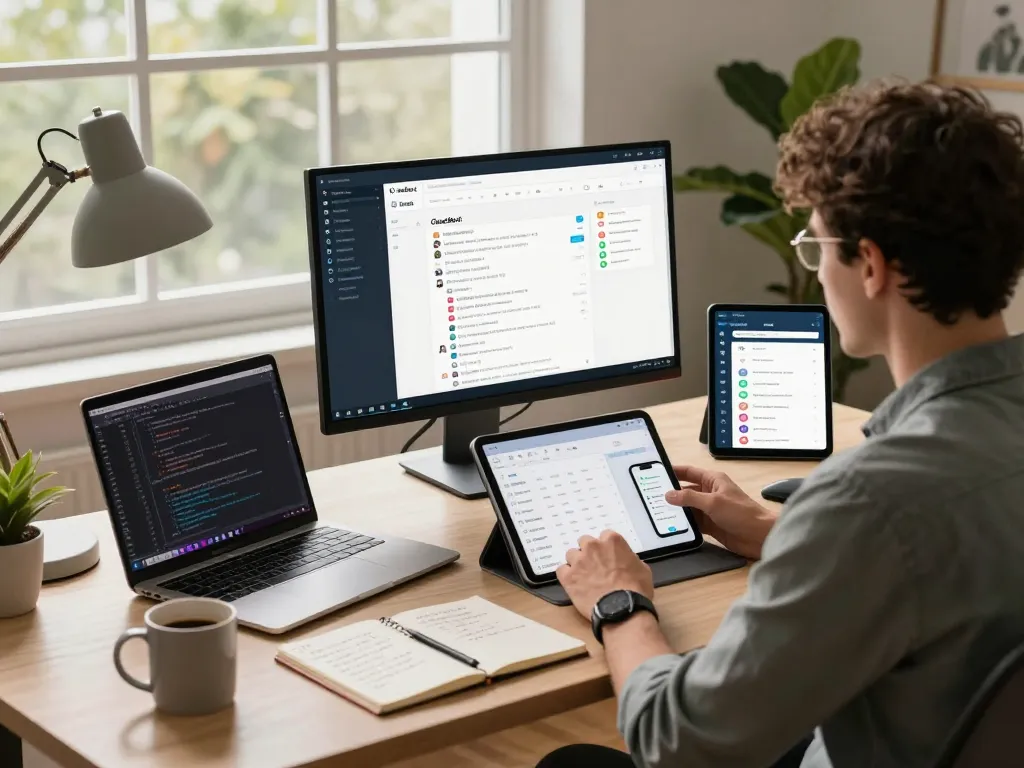 Professional engaging with clawdbot on multiple devices in a cozy home office.
