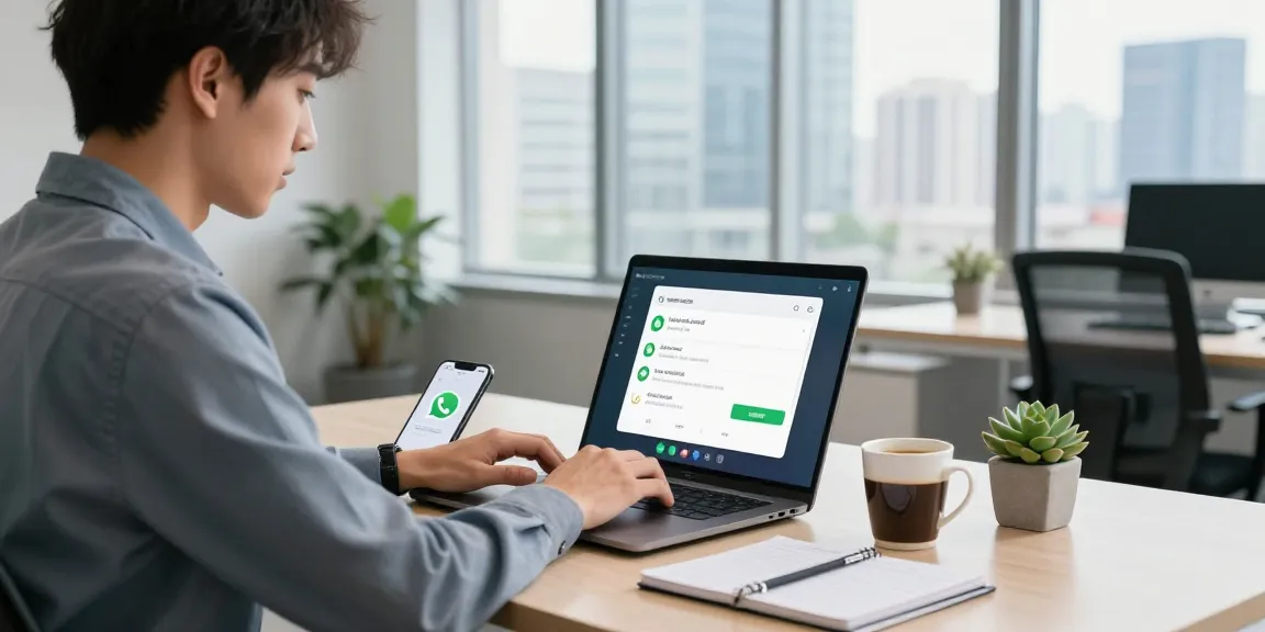 Professional using WhatsApp網頁版 on a laptop in a dynamic office setting, highlighting technology integration.