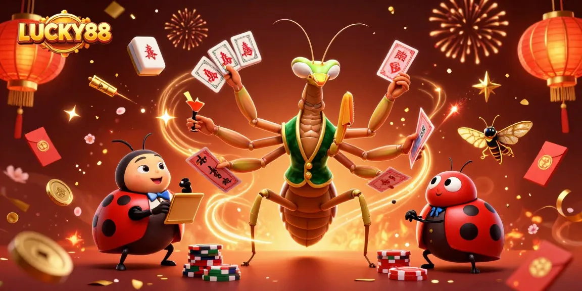 LUCKY88 features a vibrant 3D casino scene with a mantis card sharp focusing on thrilling games and energetic atmosphere.