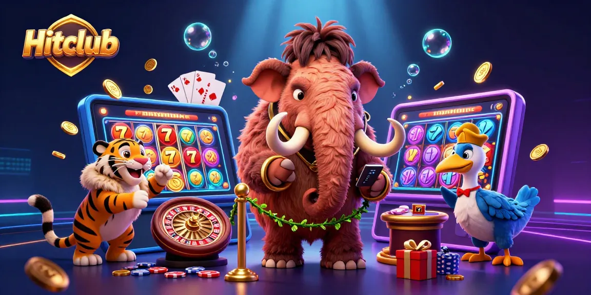 Hitclub casino features a bouncer, VIP guest, and doorman amidst vibrant slot games.